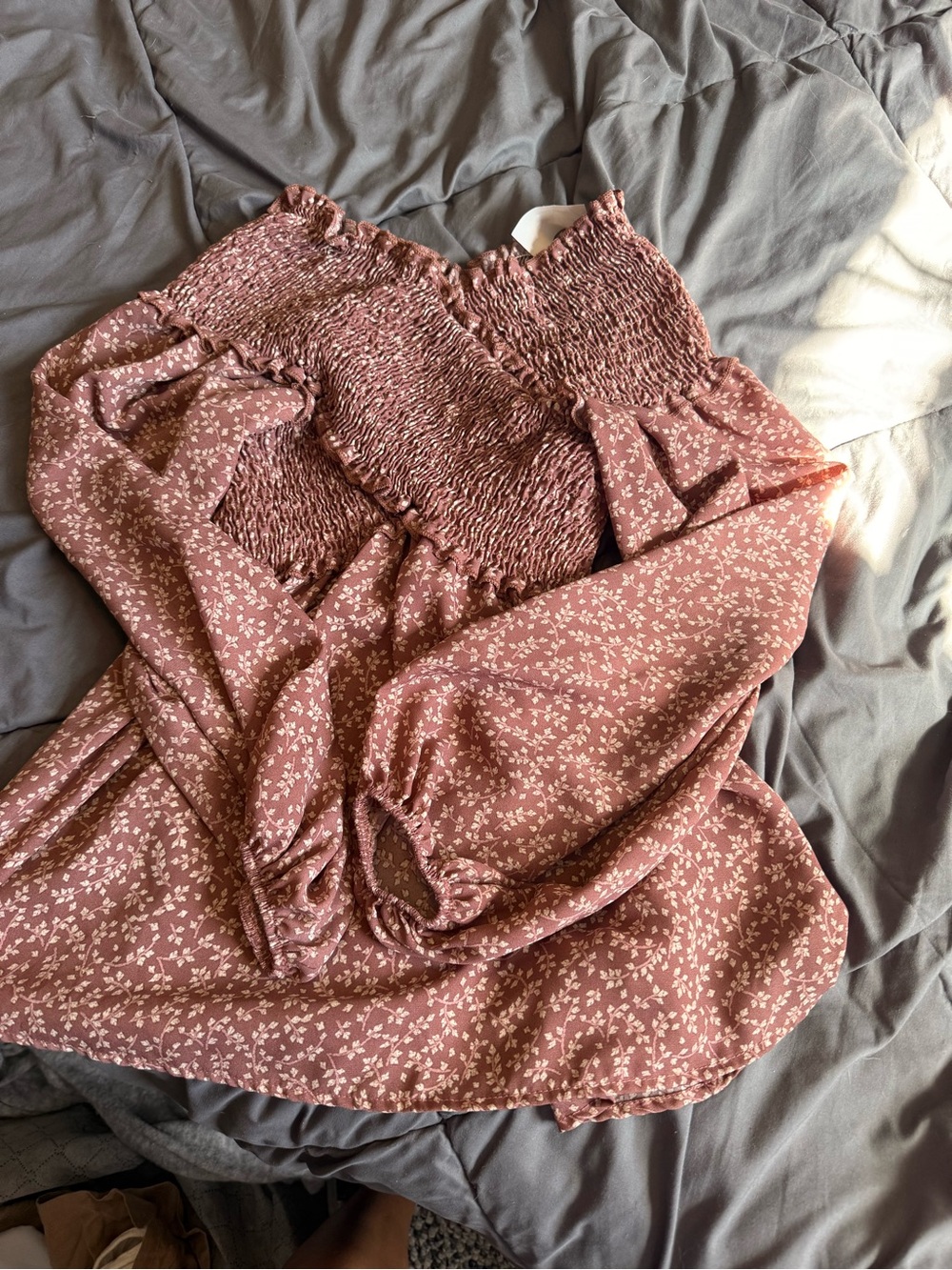 Smocked Floral Long Sleeve off the shoulder Top - Dusty Rose